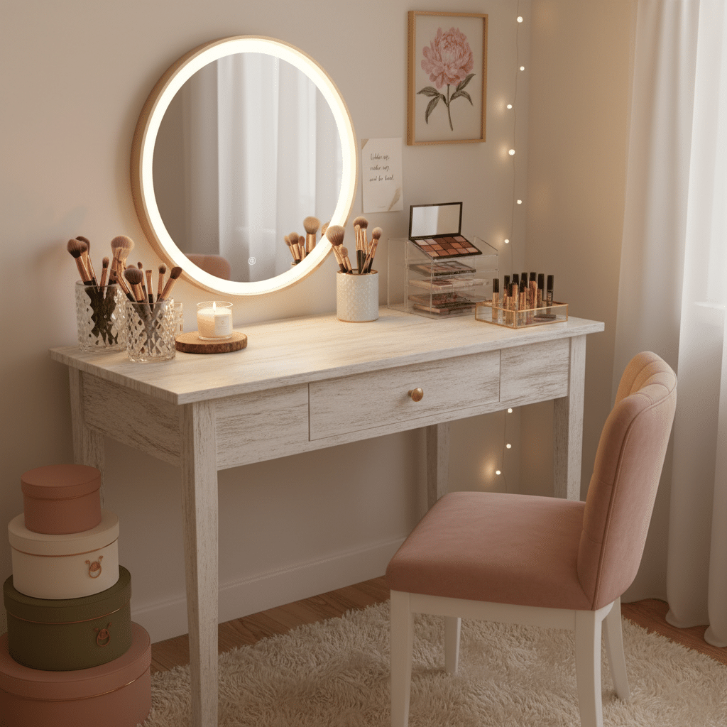 image Elegant vanity table setup with round illuminated mirror, makeup brushes, palettes, and pink chair in cozy bedroom. | Sky Rye Design Elegant vanity table setup with round illuminated mirror, makeup brushes, palettes, and pink chair in cozy bedroom.
