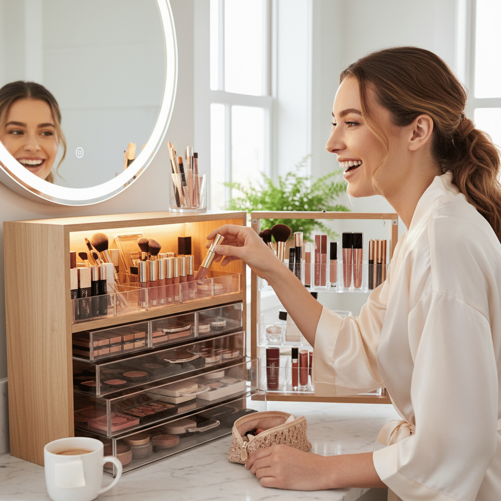 image Smiling woman organizing makeup at vanity with mirror, enjoying beauty routine in well-lit bathroom. | Sky Rye Design Smiling woman organizing makeup at vanity with mirror, enjoying beauty routine in well-lit bathroom.