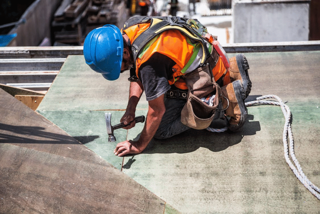 Construction worker wearing safety gear hammering on roof.