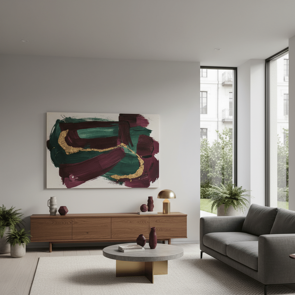 image Modern living room with abstract art, gray sofa, wooden sideboard, and a round coffee table in natural light. | Sky Rye Design Modern living room with abstract art, gray sofa, wooden sideboard, and a round coffee table in natural light.