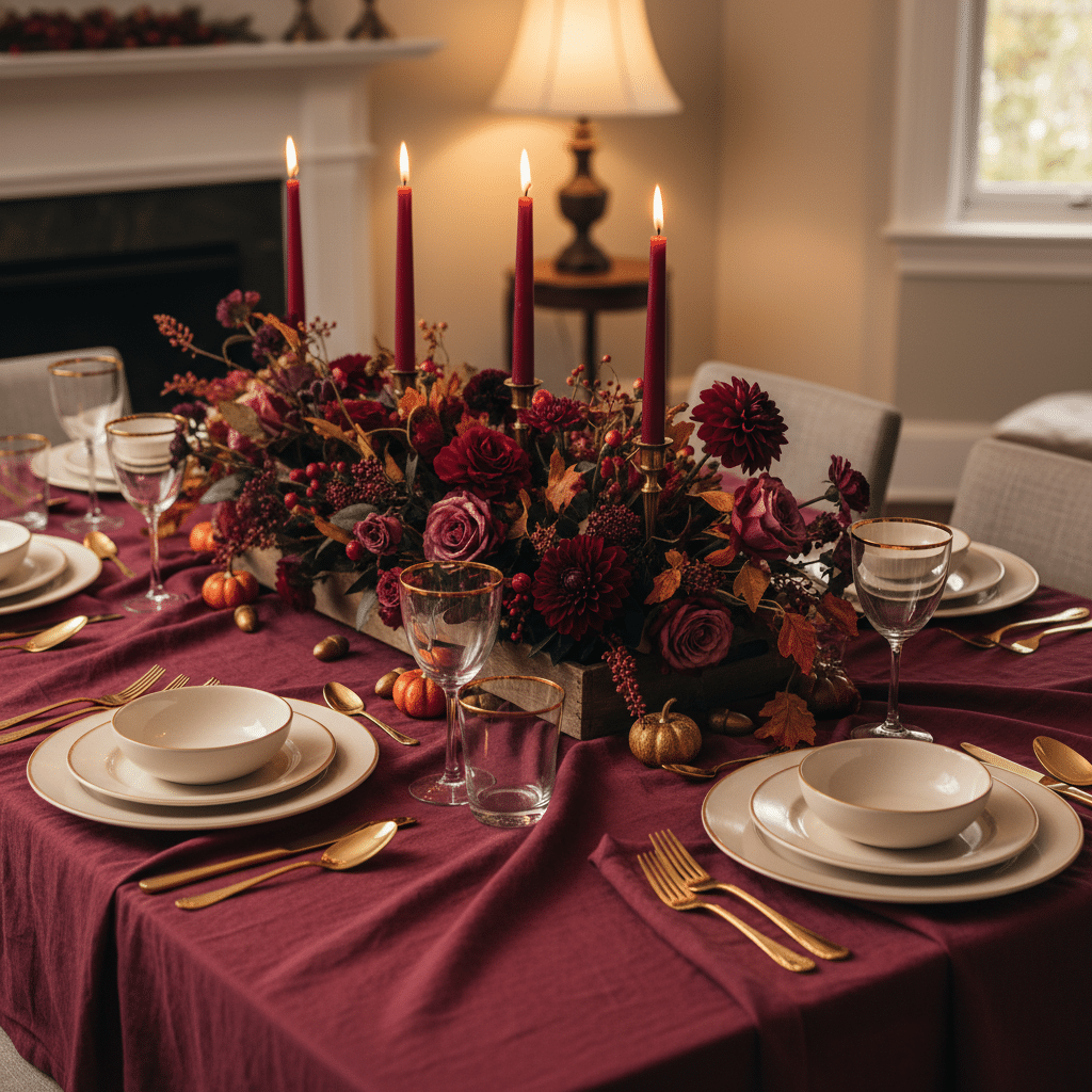 image Elegant fall dining table with burgundy decor, floral centerpiece, tall candles, and gold tableware settings. | Sky Rye Design Elegant fall dining table with burgundy decor, floral centerpiece, tall candles, and gold tableware settings.