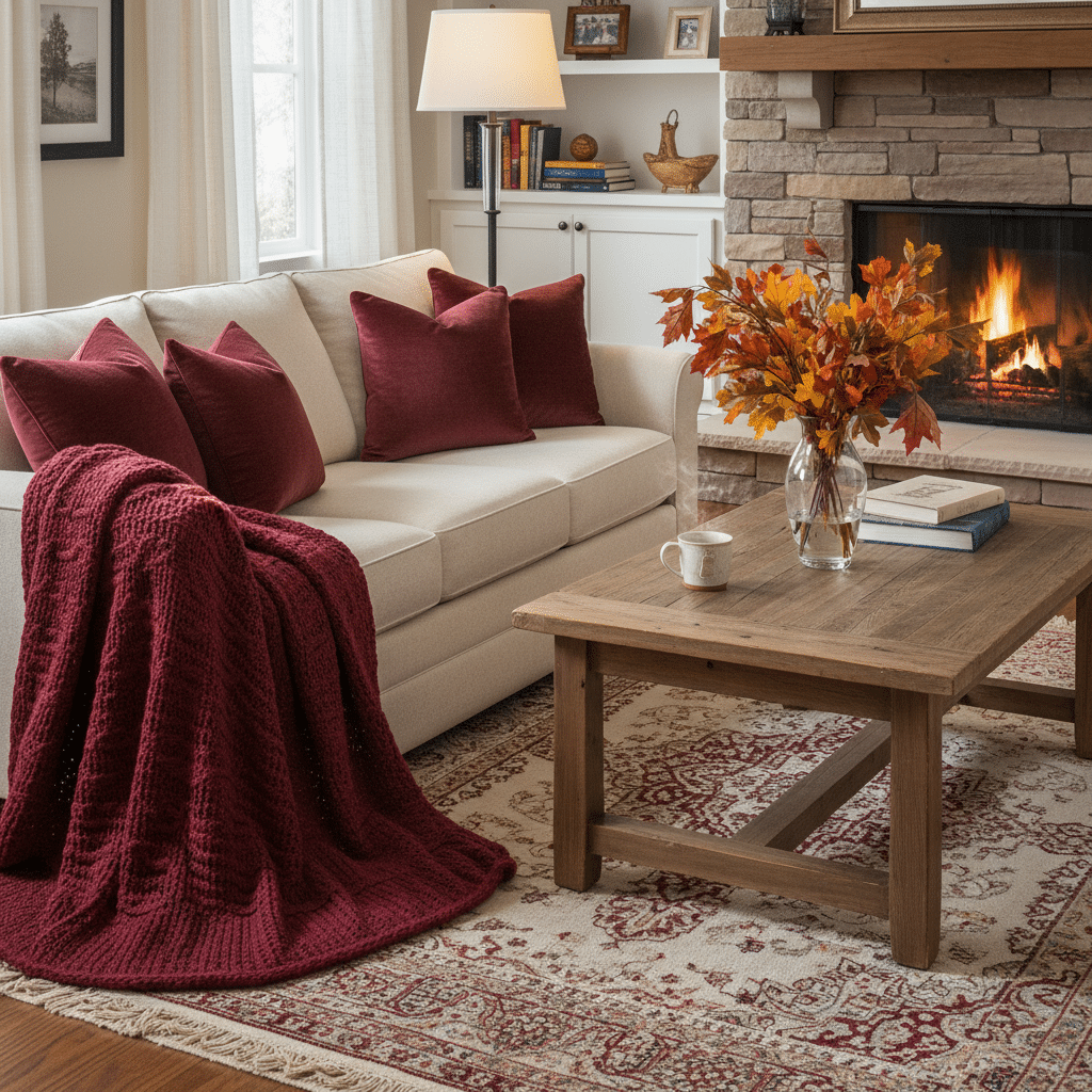 image Cozy living room with white sofa, red pillows, knit throw, wooden coffee table; fireplace with autumn decor. | Sky Rye Design Cozy living room with white sofa, red pillows, knit throw, wooden coffee table; fireplace with autumn decor.