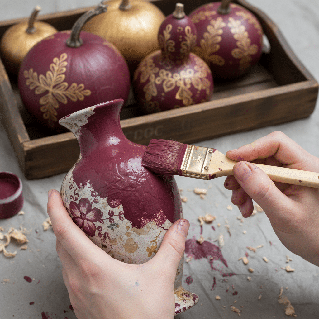 image Hand painting a decorative vase with maroon paint; gold-accented pumpkins in background. | Sky Rye Design Hand painting a decorative vase with maroon paint; gold-accented pumpkins in background.