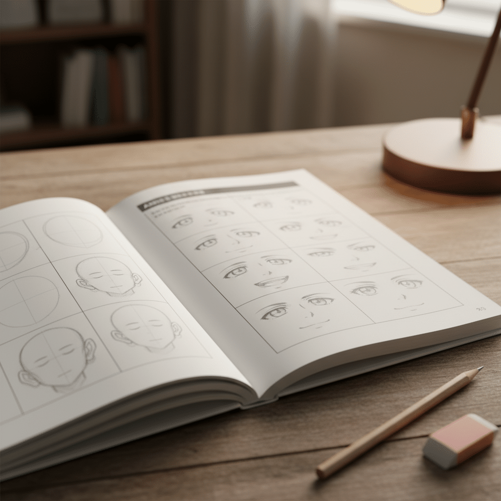 image Open drawing book on a desk with pencil and eraser, featuring face sketch tutorials in a cozy study room setting. | Sky Rye Design Open drawing book on a desk with pencil and eraser, featuring face sketch tutorials in a cozy study room setting.