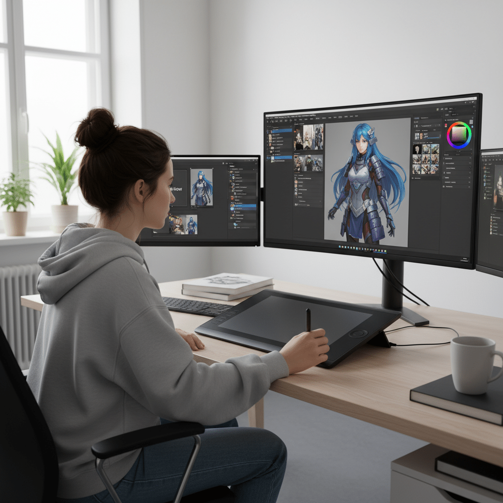 image Artist creating digital character art on a tablet, surrounded by multiple monitors in a bright studio. | Sky Rye Design Artist creating digital character art on a tablet, surrounded by multiple monitors in a bright studio.