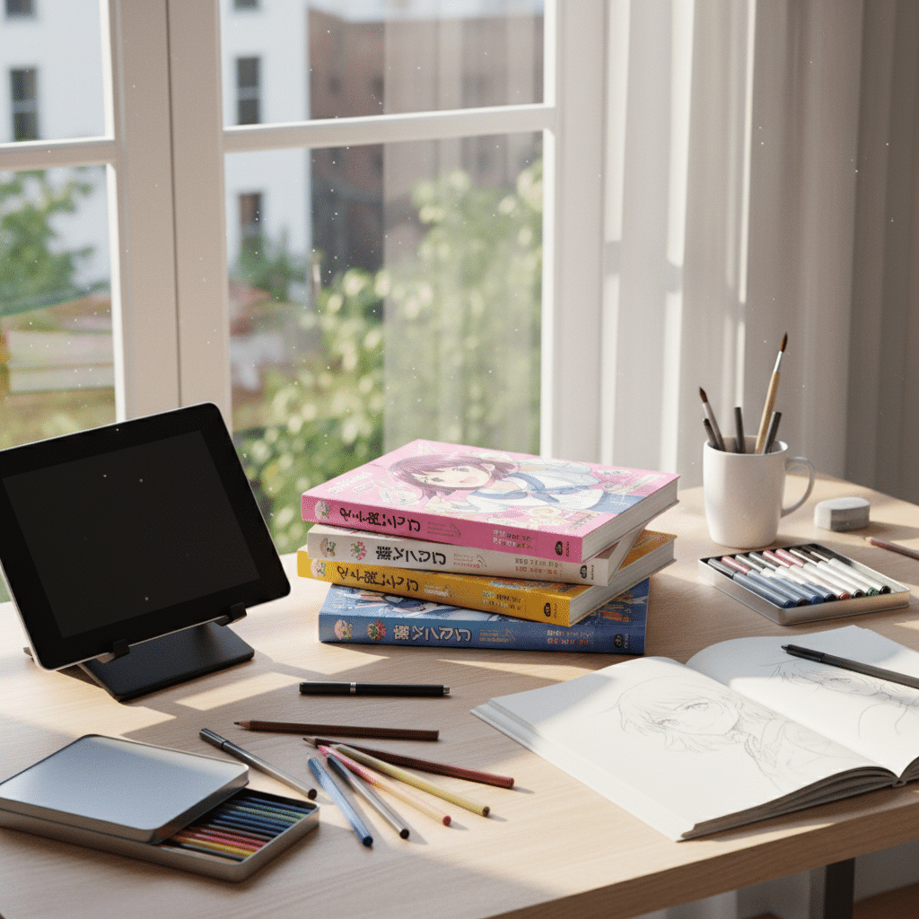 image Artistic workspace with manga books, drawing tools, and tablet by window in natural light. | Sky Rye Design Artistic workspace with manga books, drawing tools, and tablet by window in natural light.
