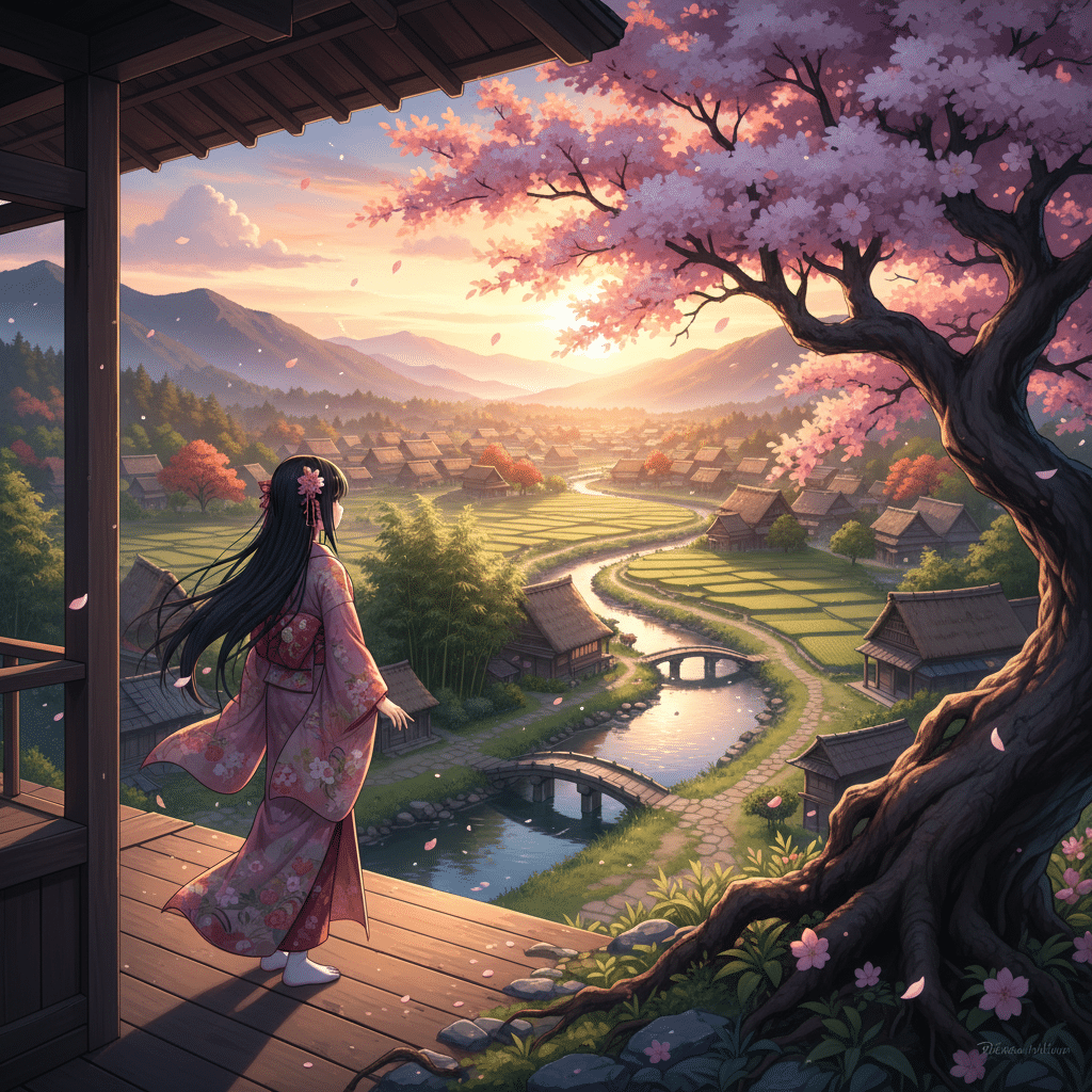 image Anime girl in kimono overlooks a scenic village at sunset with cherry blossoms and river. | Sky Rye Design Anime girl in kimono overlooks a scenic village at sunset with cherry blossoms and river.