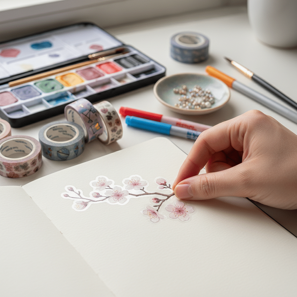 Hand crafting with floral stickers, colorful markers, and art supplies on a notebook. Creative DIY journal project.