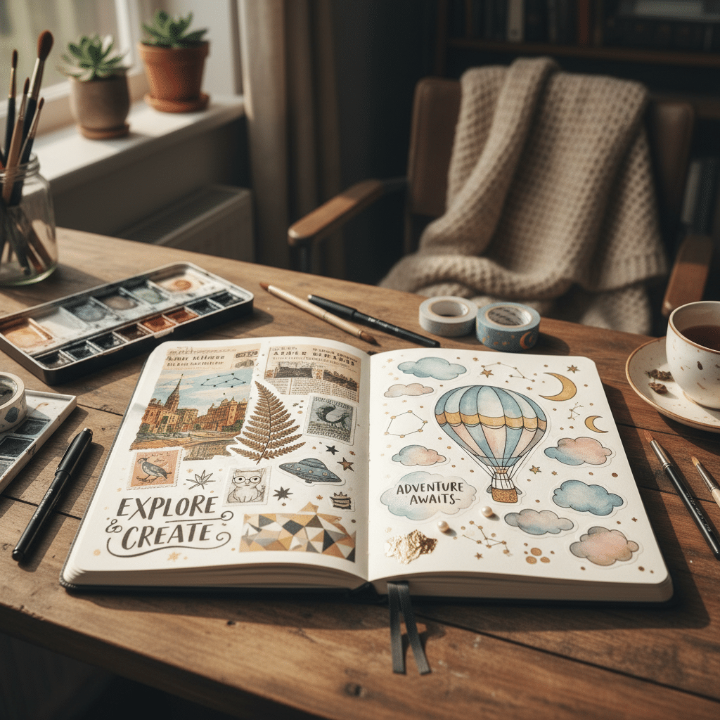Open sketchbook on a wooden desk with creative watercolor designs, brushes, and a cup of tea nearby.
