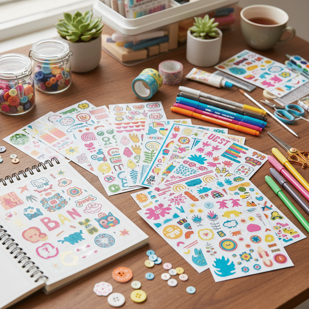 Colorful sticker sheets, pens, and craft supplies arranged on a wooden desk for creative journaling and DIY projects.