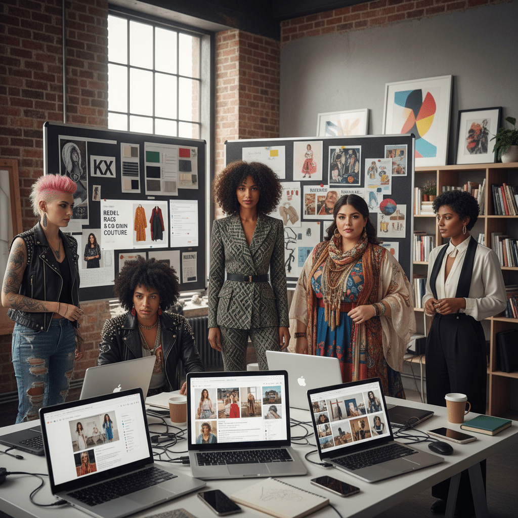 Diverse fashion team collaborates in a modern office, laptops open, and mood boards displayed in a creative workspace.