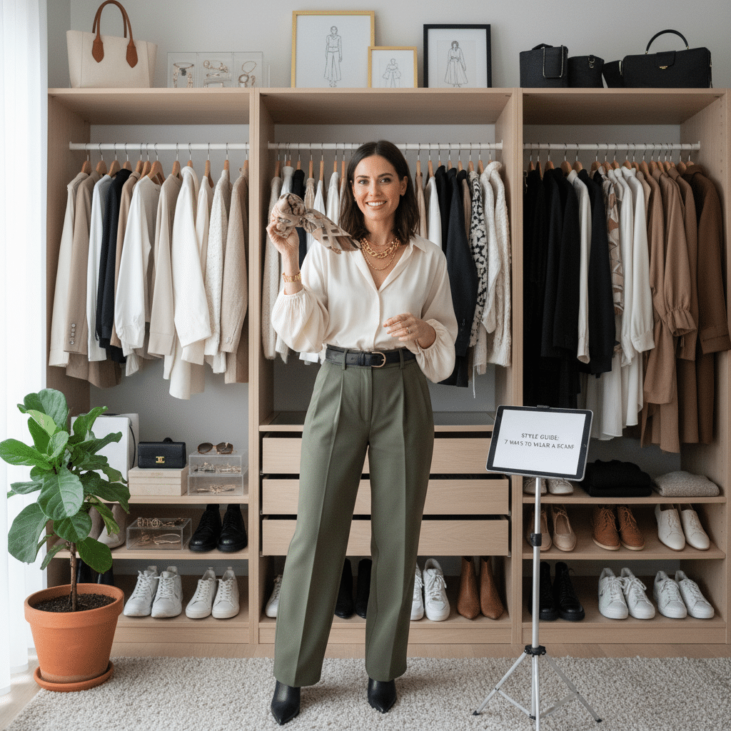 Woman in stylish outfit showcasing scarf in walk-in closet with organized clothing rack and potted plant.