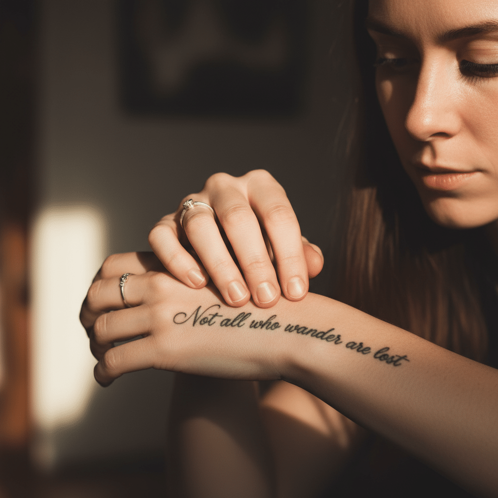 image Woman with Not all who wander are lost tattoo on forearm, resting her hand thoughtfully, wearing rings. | Sky Rye Design Woman with Not all who wander are lost tattoo on forearm, resting her hand thoughtfully, wearing rings.