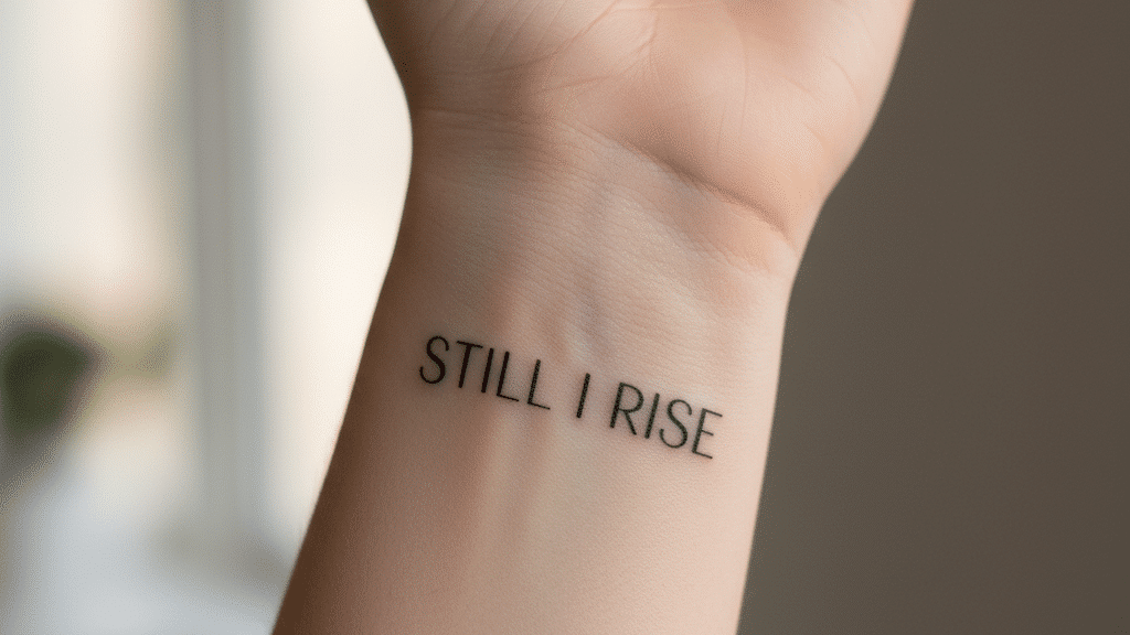 image Close-up of a wrist tattoo with the empowering phrase 'Still I Rise' in black ink. | Sky Rye Design Close-up of a wrist tattoo with the empowering phrase 'Still I Rise' in black ink.