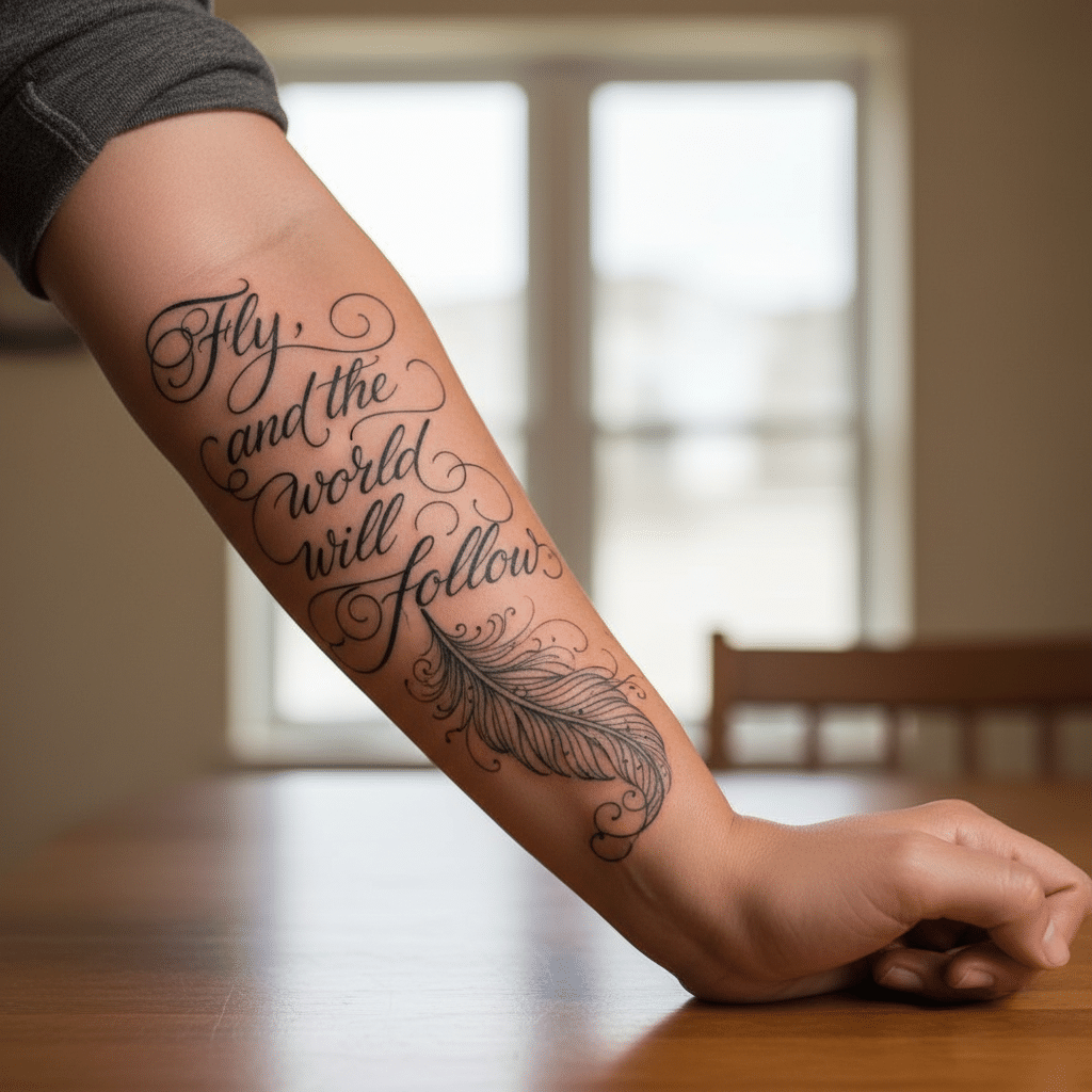 image Arm tattoo with elegant script reading Fly, and the world will follow and a feather design on lower arm indoors. | Sky Rye Design Arm tattoo with elegant script reading Fly, and the world will follow and a feather design on lower arm indoors.