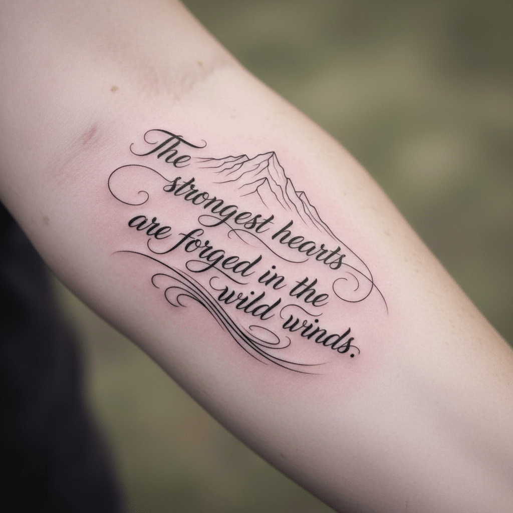 image Inspirational tattoo on arm with mountain design and the quote The strongest hearts are forged in the wild winds. | Sky Rye Design Inspirational tattoo on arm with mountain design and the quote The strongest hearts are forged in the wild winds.