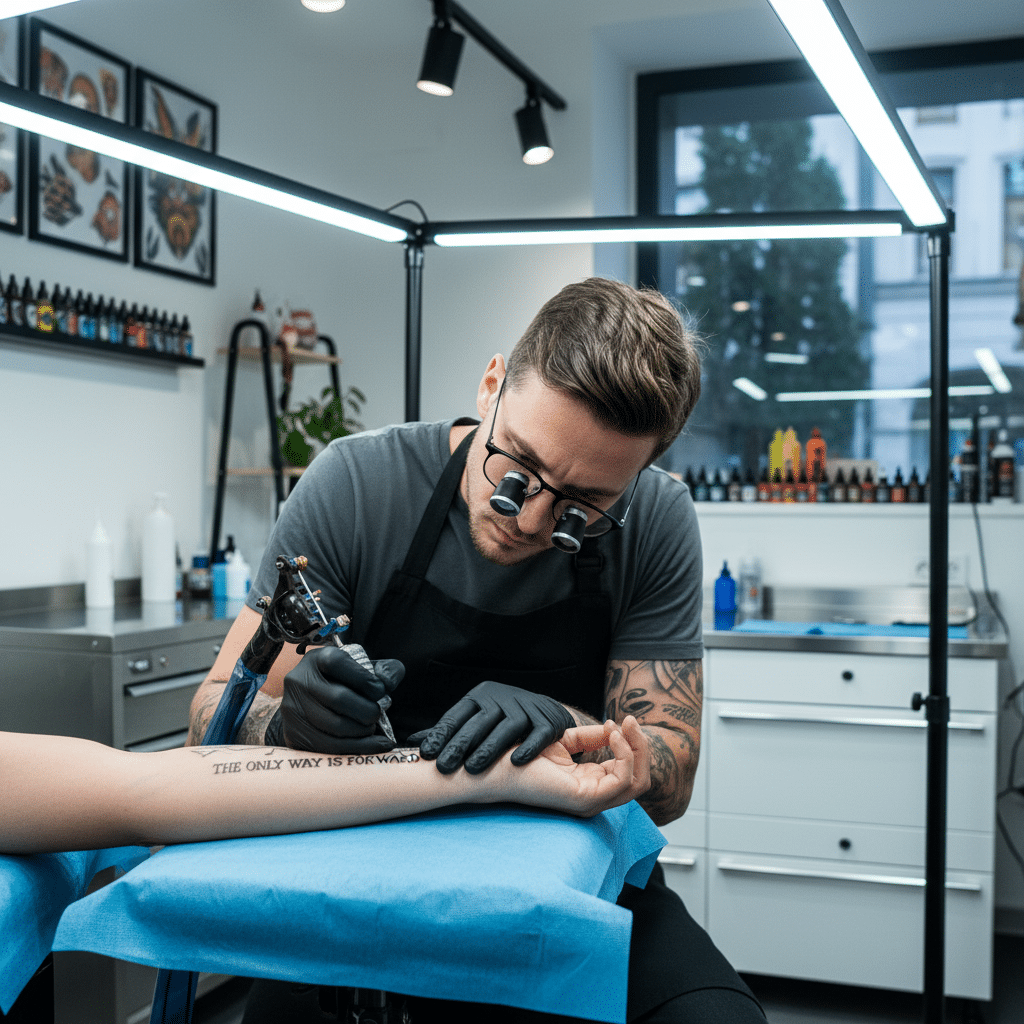 image Tattoo artist creating a forearm tattoo in a modern studio with wall art and equipment. | Sky Rye Design Tattoo artist creating a forearm tattoo in a modern studio with wall art and equipment.