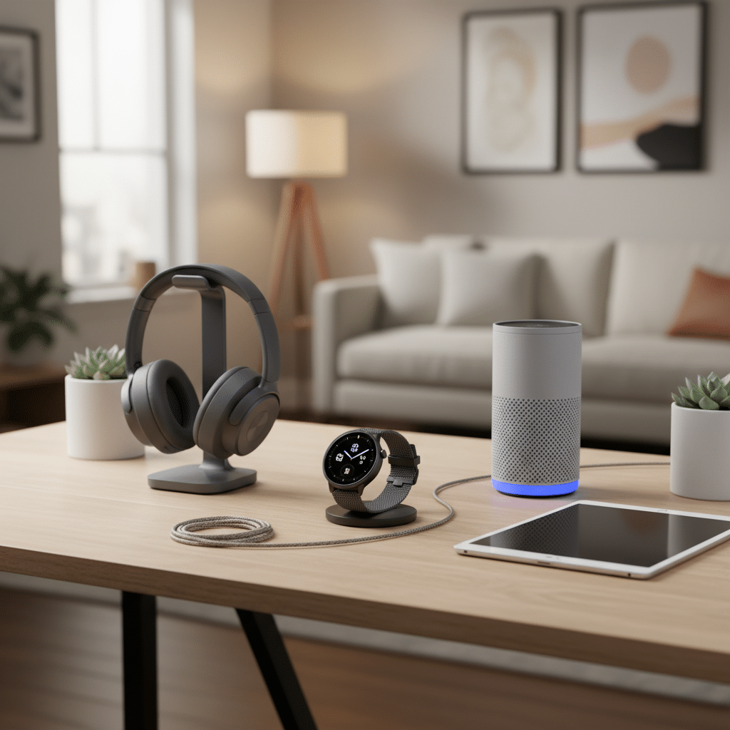 image Modern tech setup: headphones, smartwatch, smart speaker, tablet on a wooden table with plants in a cozy living room. | Sky Rye Design Modern tech setup: headphones, smartwatch, smart speaker, tablet on a wooden table with plants in a cozy living room.