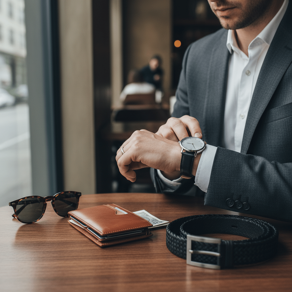image Man in a suit checks watch at a stylish café; leather wallet, belt, and sunglasses on table. | Sky Rye Design Man in a suit checks watch at a stylish café; leather wallet, belt, and sunglasses on table.