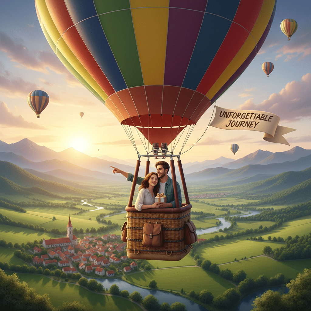 image Couple in hot air balloon enjoying a scenic valley view at sunrise, Unforgettable Journey banner attached. | Sky Rye Design Couple in hot air balloon enjoying a scenic valley view at sunrise, Unforgettable Journey banner attached.