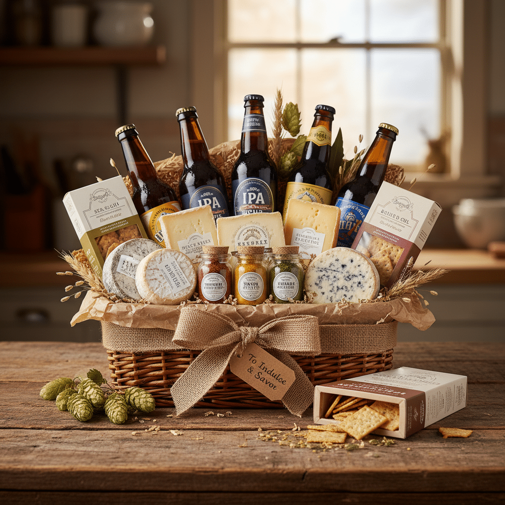 image Gift basket with craft beers, gourmet cheeses, and crackers, arranged on a rustic kitchen table for a cozy vibe. | Sky Rye Design Gift basket with craft beers, gourmet cheeses, and crackers, arranged on a rustic kitchen table for a cozy vibe.
