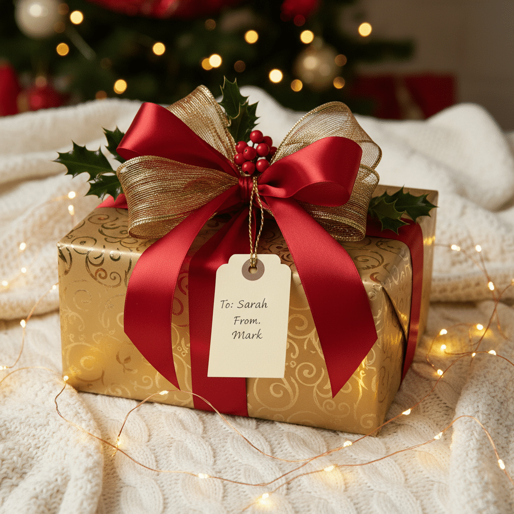 image Festive gold gift box with red ribbon and tag, set on cozy blanket with twinkling lights. | Sky Rye Design Festive gold gift box with red ribbon and tag, set on cozy blanket with twinkling lights.