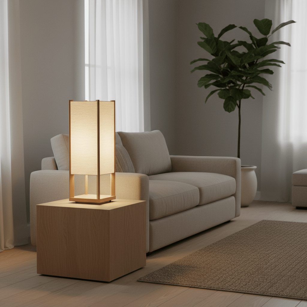 Modern living room with beige sofa, wooden table, and stylish lamp next to a potted plant.