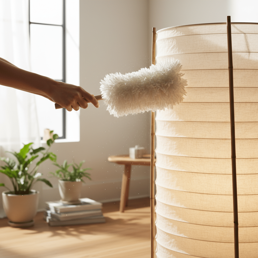 Hand dusting a fabric lampshade in a bright, cozy room with plants, focusing on cleanliness and home maintenance.