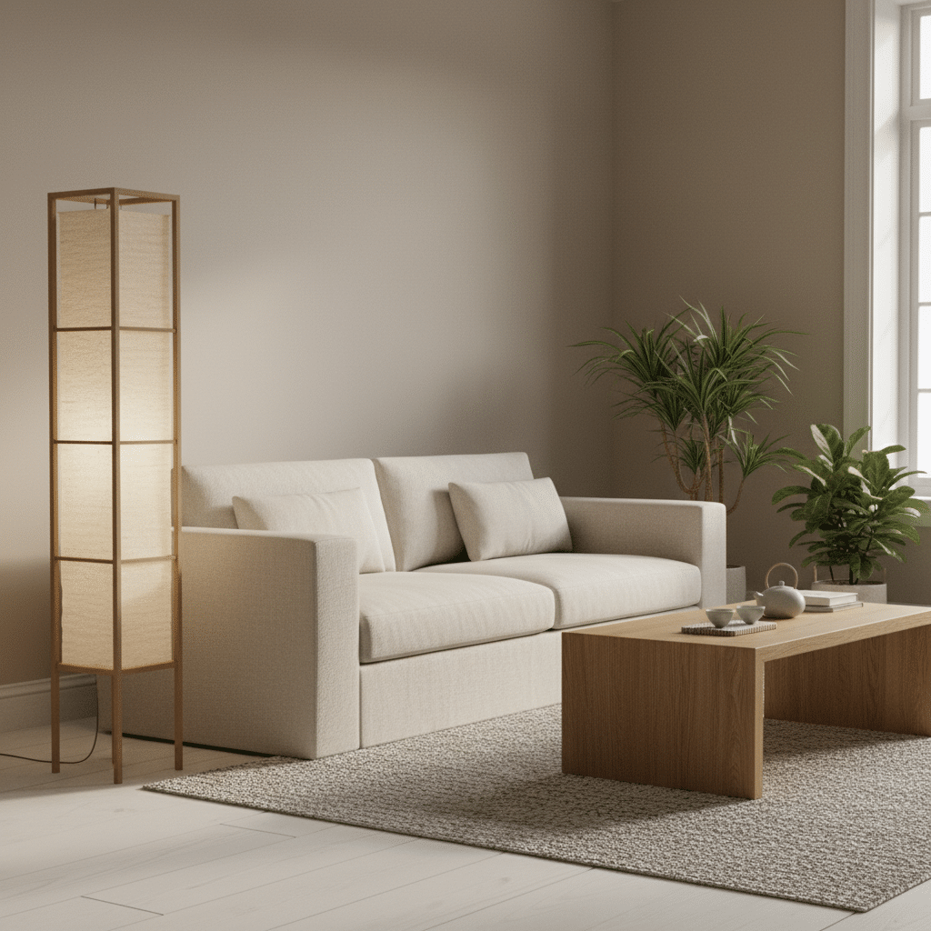 Modern minimalist living room with a beige sofa, wooden coffee table, floor lamp, and potted plants by the window.
