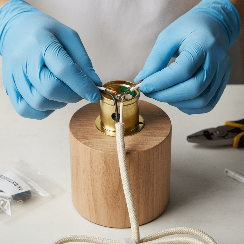 Person with blue gloves wiring a light fixture on a wooden base, with pliers and materials nearby.
