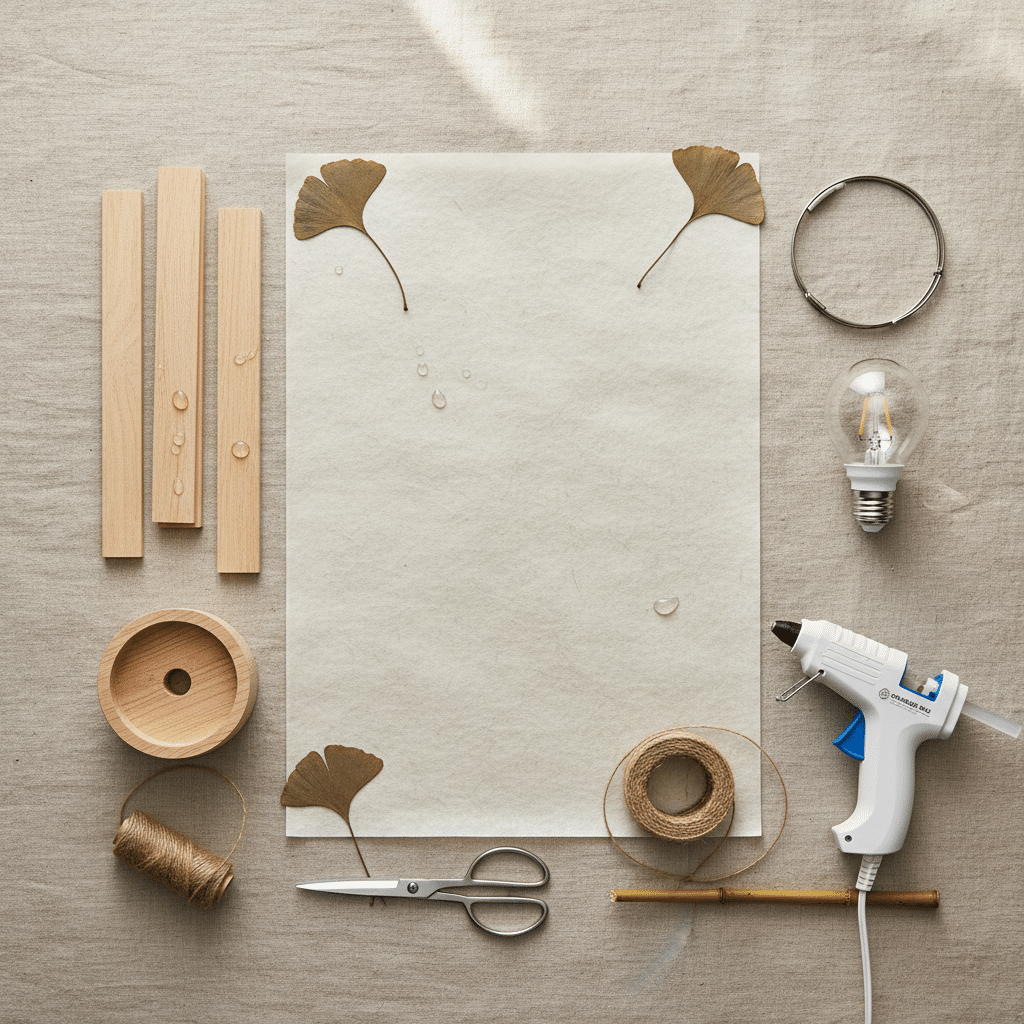Craft supplies on canvas: wood, paper, dried leaves, glue gun, scissors, twine, light bulb, craft materials arrangement.