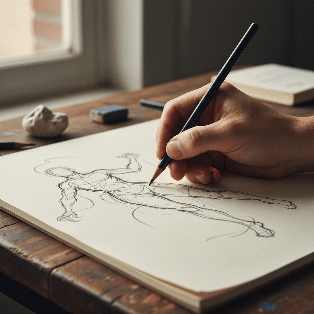 image Artist hand sketching a dynamic human figure with pencil on paper, close-up view, on a wooden table. | Sky Rye Design Artist hand sketching a dynamic human figure with pencil on paper, close-up view, on a wooden table.