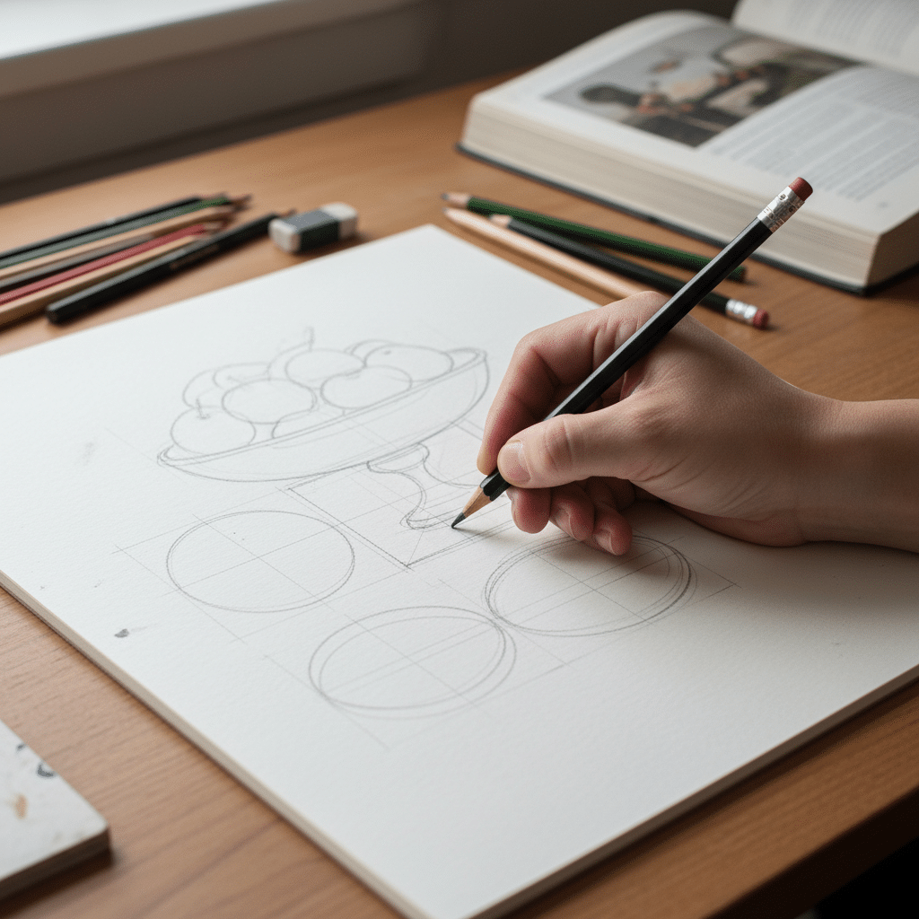 image Hand sketching fruit bowl still life, pencils and open art book on wooden table. | Sky Rye Design Hand sketching fruit bowl still life, pencils and open art book on wooden table.