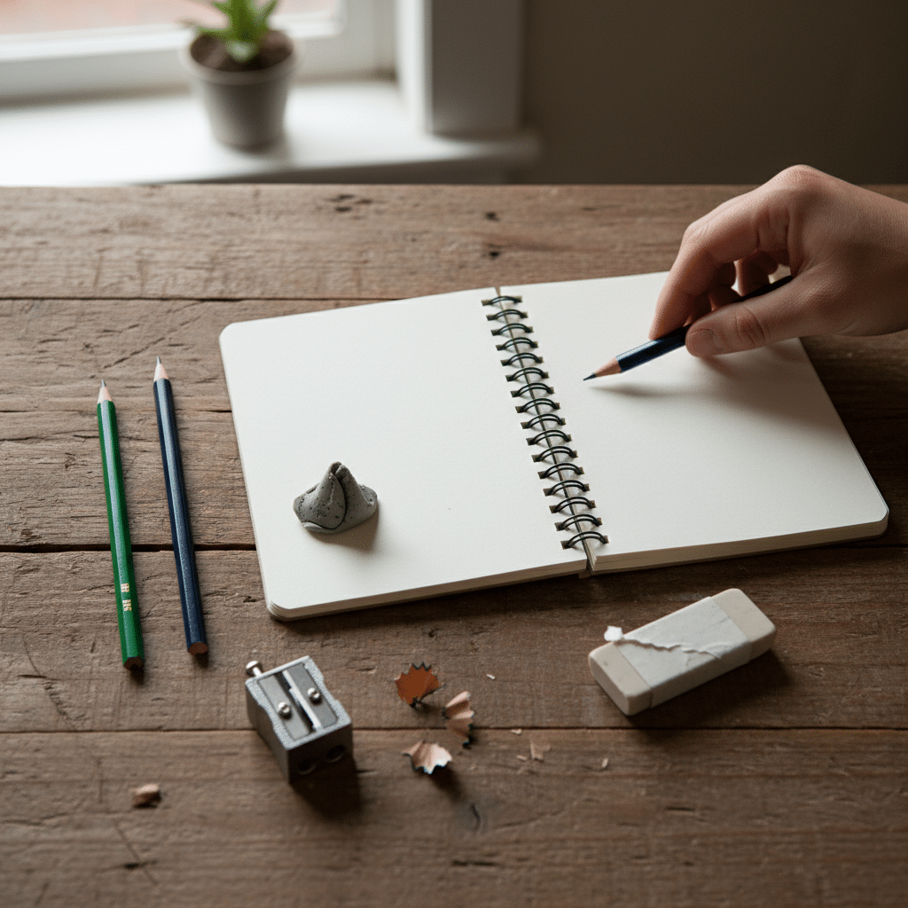 image Hand sketching in a spiral notebook with pencils, eraser, and sharpener on wooden desk near a window. | Sky Rye Design Hand sketching in a spiral notebook with pencils, eraser, and sharpener on wooden desk near a window.