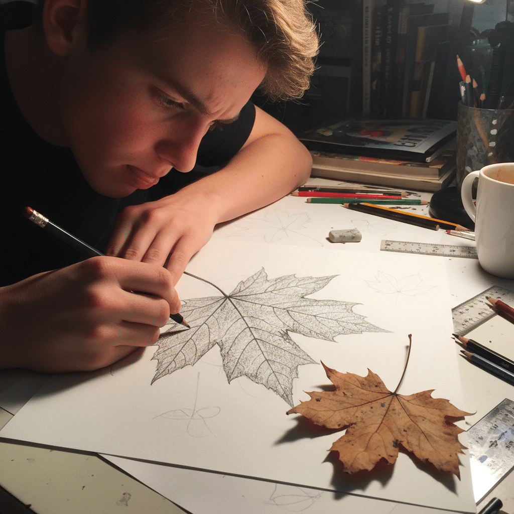 image Artist drawing a maple leaf with a pencil at a desk, referencing a real leaf alongside various art supplies. | Sky Rye Design Artist drawing a maple leaf with a pencil at a desk, referencing a real leaf alongside various art supplies.