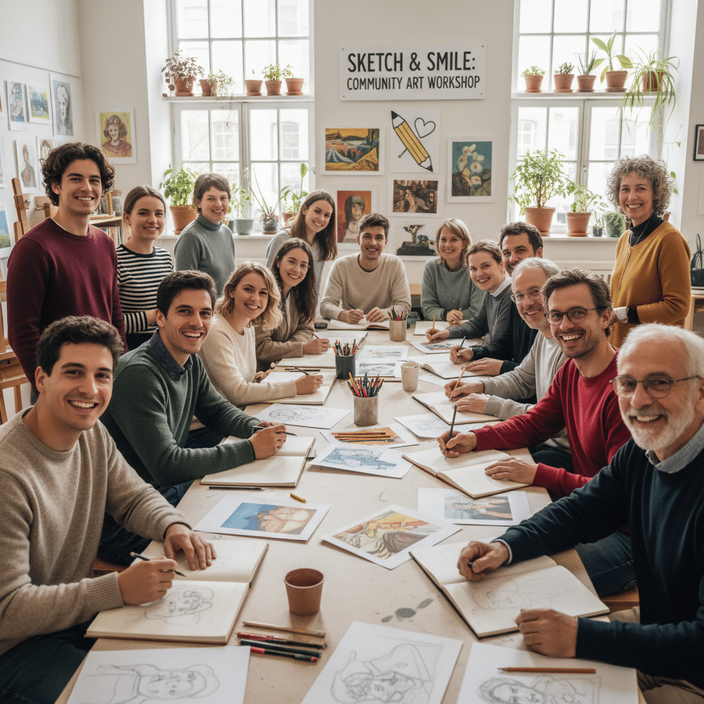 image Group of people smiling and drawing at an art workshop, surrounded by colorful sketches and art supplies. | Sky Rye Design Group of people smiling and drawing at an art workshop, surrounded by colorful sketches and art supplies.