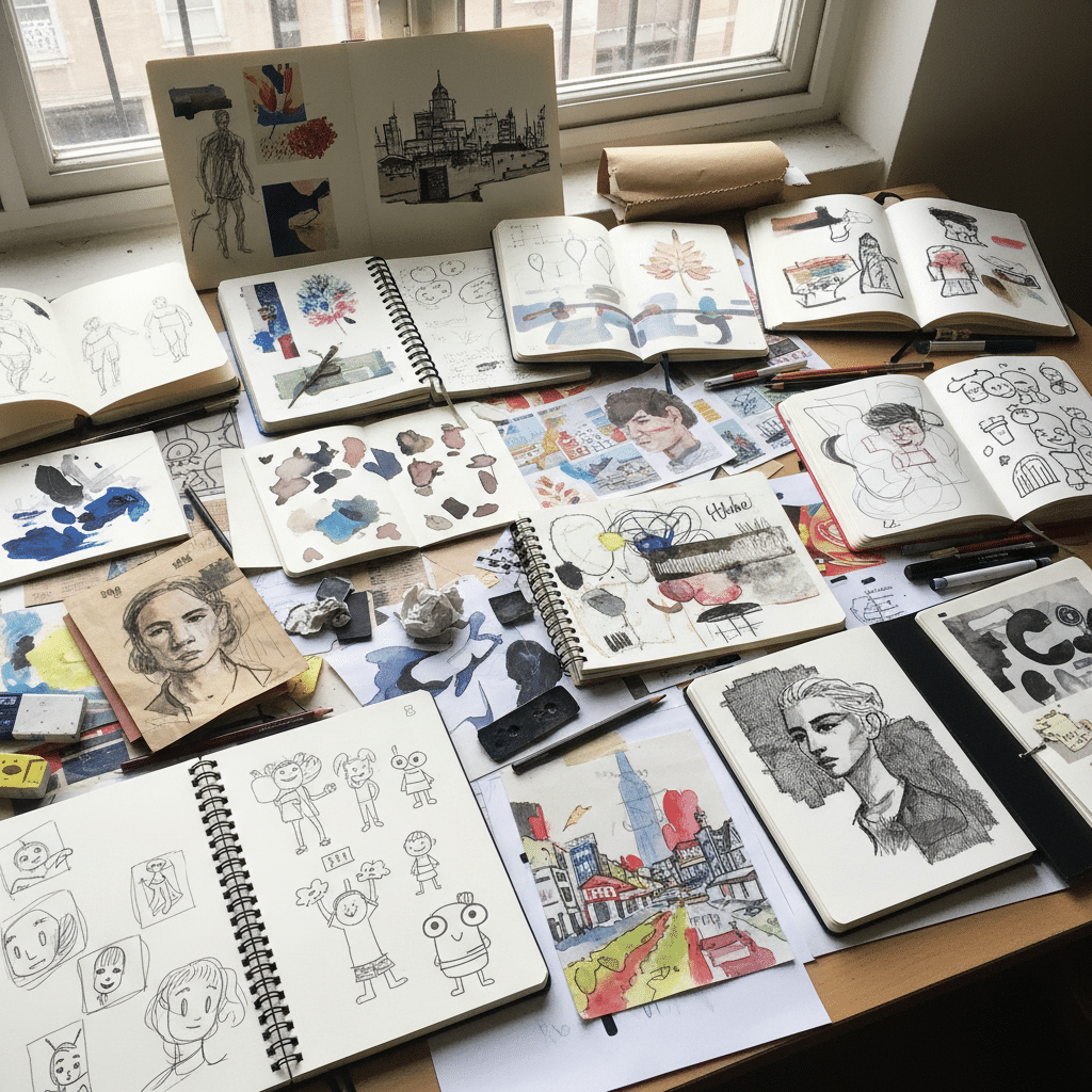 image Sketchbooks and drawings fill a desk with colorful sketches, pencil drawings, and artistic doodles by a window. | Sky Rye Design Sketchbooks and drawings fill a desk with colorful sketches, pencil drawings, and artistic doodles by a window.
