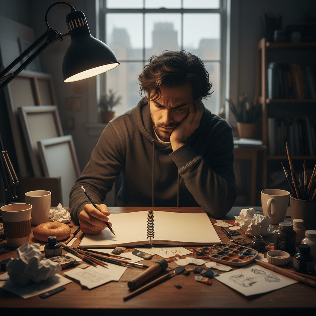 Artist in dimly lit studio, deep in thought with sketchbook, surrounded by art supplies and crumpled papers.