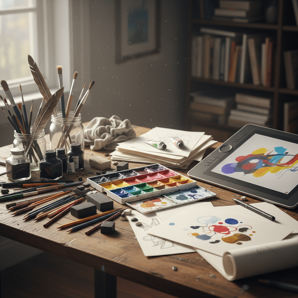 Art supplies and sketches on a table with digital tablet, showcasing creativity and artistic tools in a studio setting.