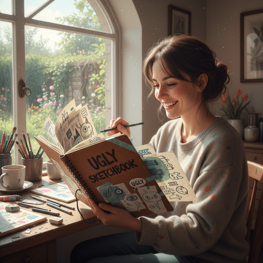 Woman smiling while drawing in an Ugly Sketchbook at a sunlit art studio, surrounded by art supplies.