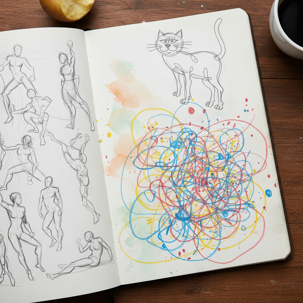 Sketchbook with figure drawings, colorful abstract doodles, cat sketch, apple, and coffee on wooden table.