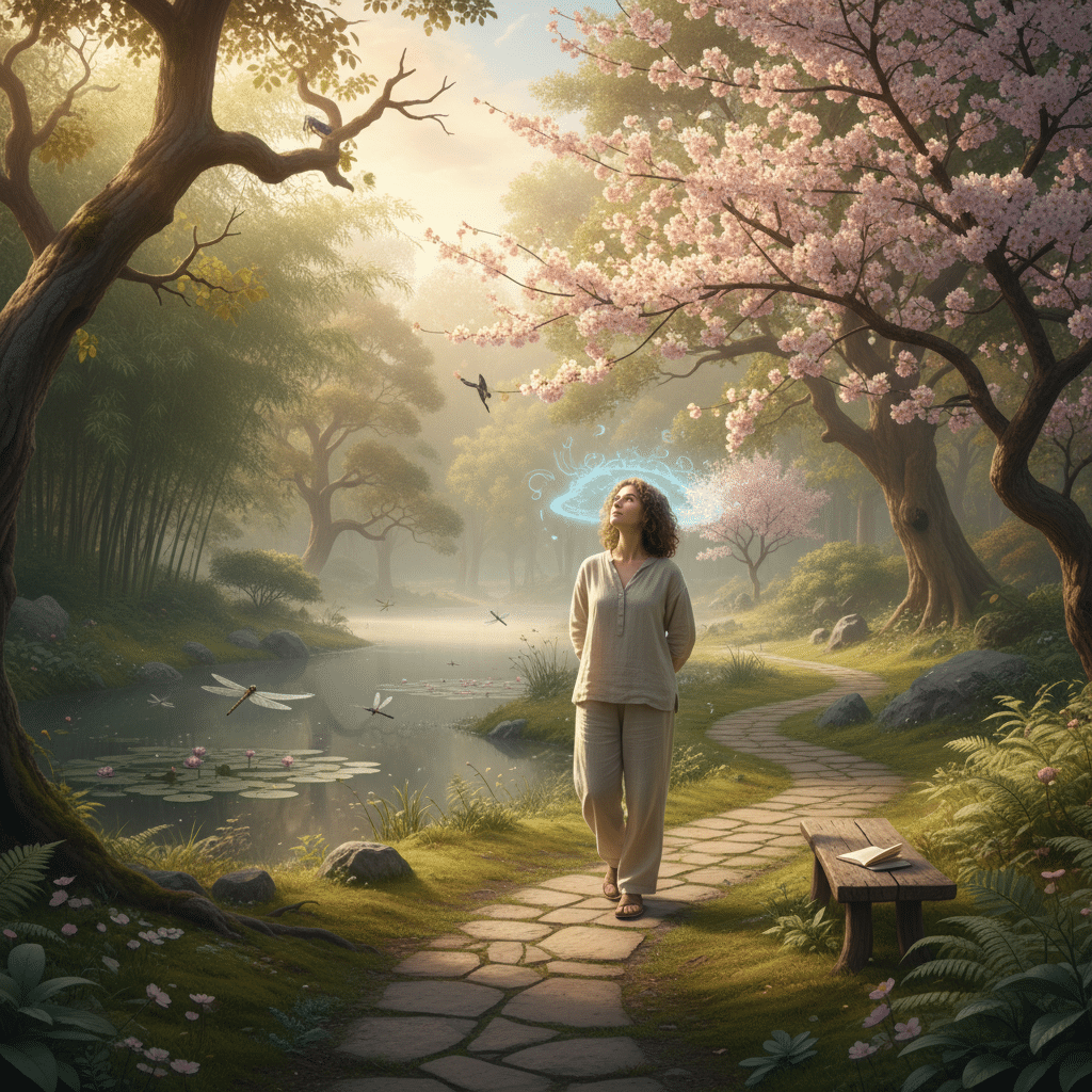 Woman walking on a tranquil path beside a pond with cherry blossoms, surrounded by nature, enjoying a peaceful moment.
