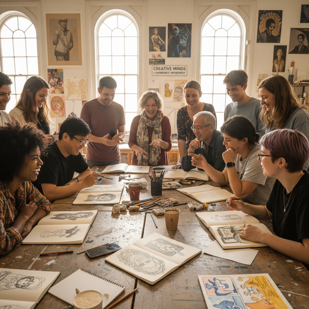 Art workshop with diverse group of people drawing and sharing creativity around a table in a brightly lit studio.