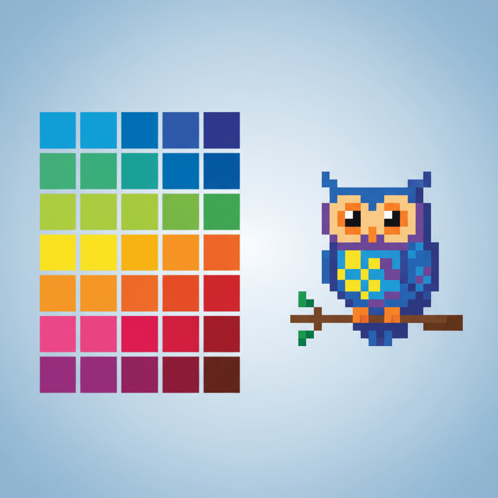 Pixel art owl perched on branch with vibrant color palette grid, blue gradient background.
