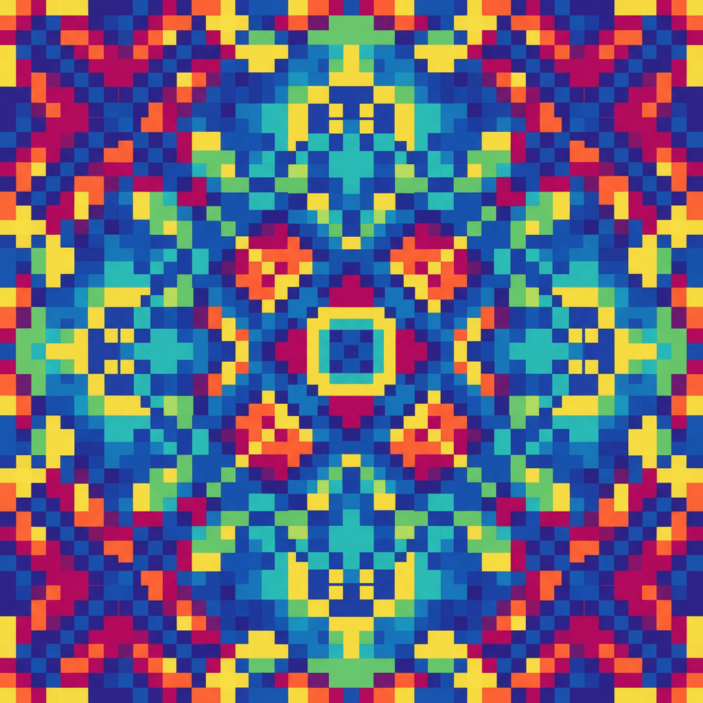 Colorful pixel art pattern with symmetrical geometric shapes in blue, yellow, and red tones.