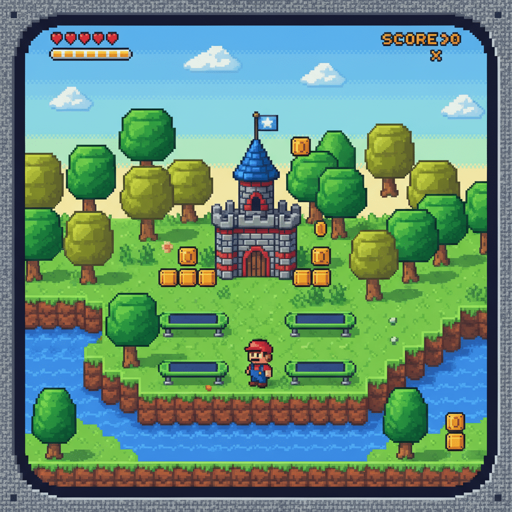 Pixel art game scene with a character near a castle, surrounded by trees, coins, and a river. Retro gaming style.