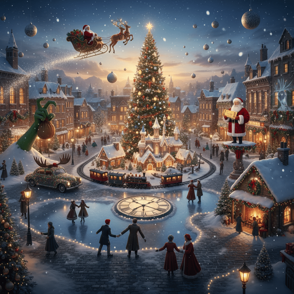 Magical Christmas village scene with Santa, a lit tree, ice skating, and a festive train under a snowy night sky.