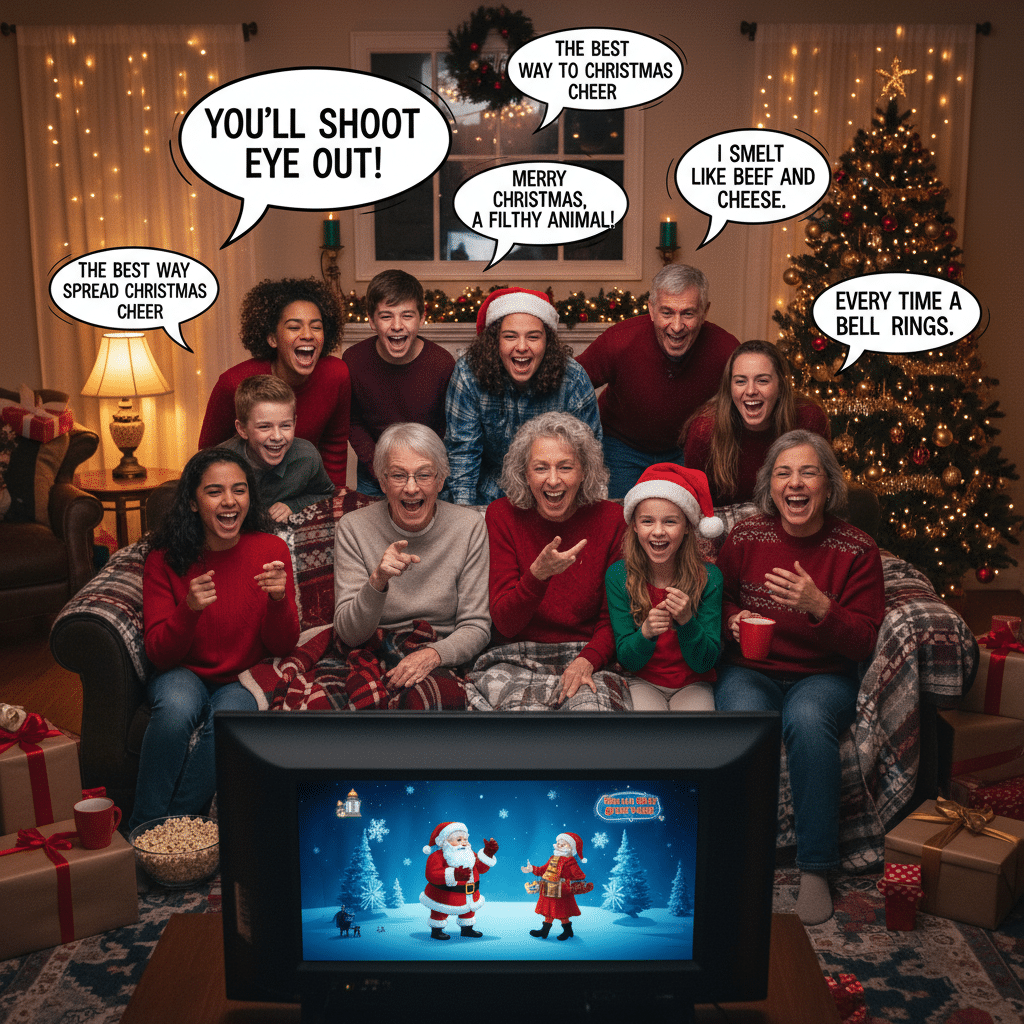 Family watching Christmas movie together, smiling and laughing around decorations. Cozy holiday scene.