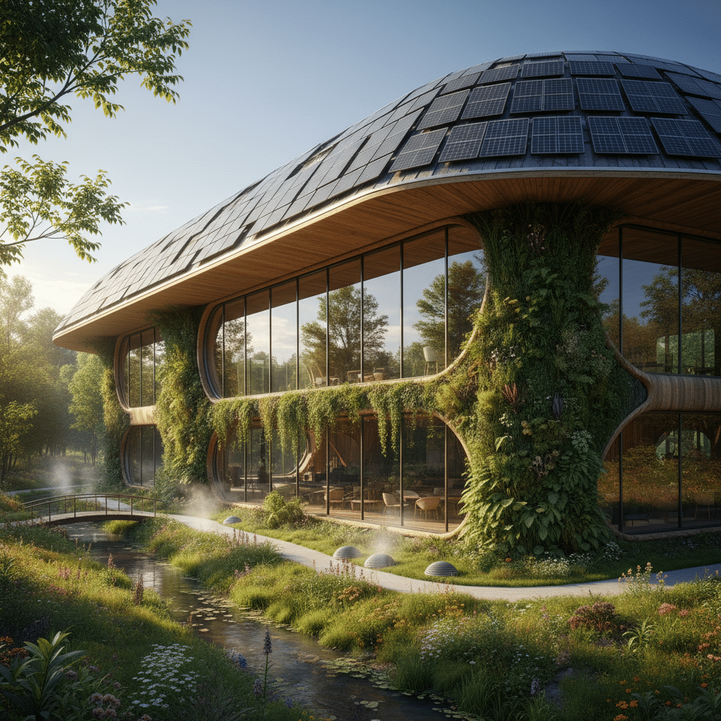 Futuristic eco-friendly home with solar panels and lush greenery, surrounded by a tranquil garden and a small stream.
