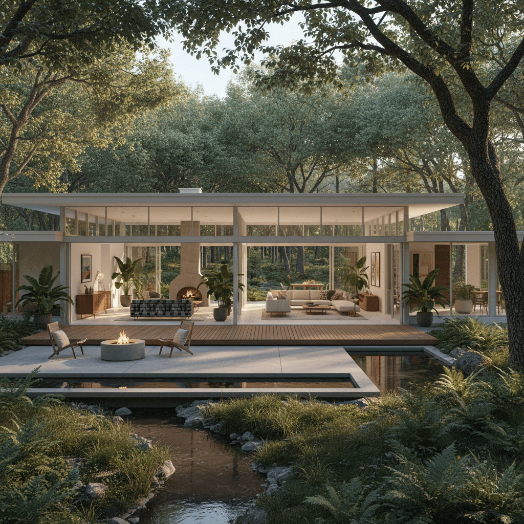 Modern glass house in forest setting, featuring open living space with fireplace and outdoor patio by a stream.